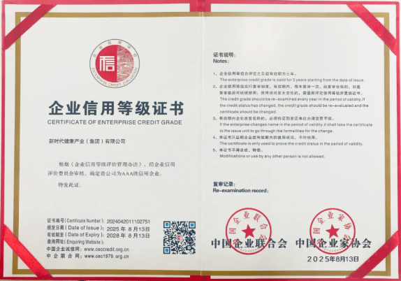 新时代健康产业集团再获“AAA级信用企业”荣誉